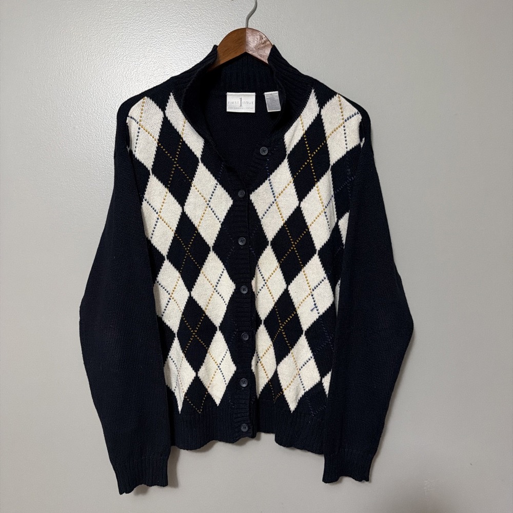1st Issue By Liz Claiborne Argyle Cardigan XL Ramie Cotton Preppy Academia